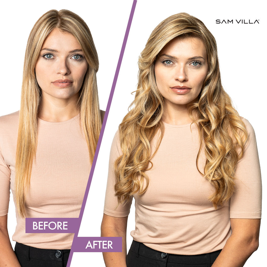 Before/After of blonde model with straight to loosely curly long hair.