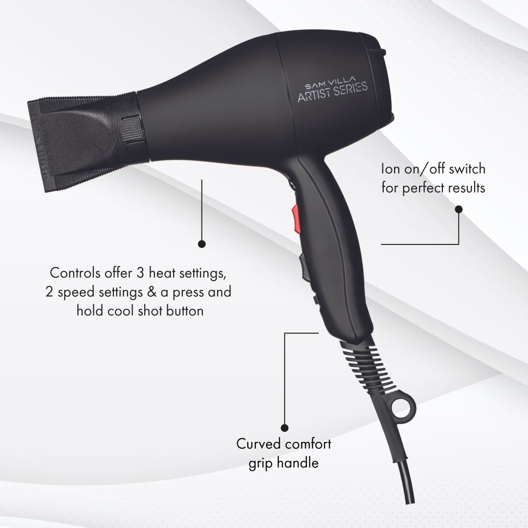 Sam Villa Artist Series Lightweight Quiet Ionic Professional Hair Dryer with Variable Speed Temperature Black