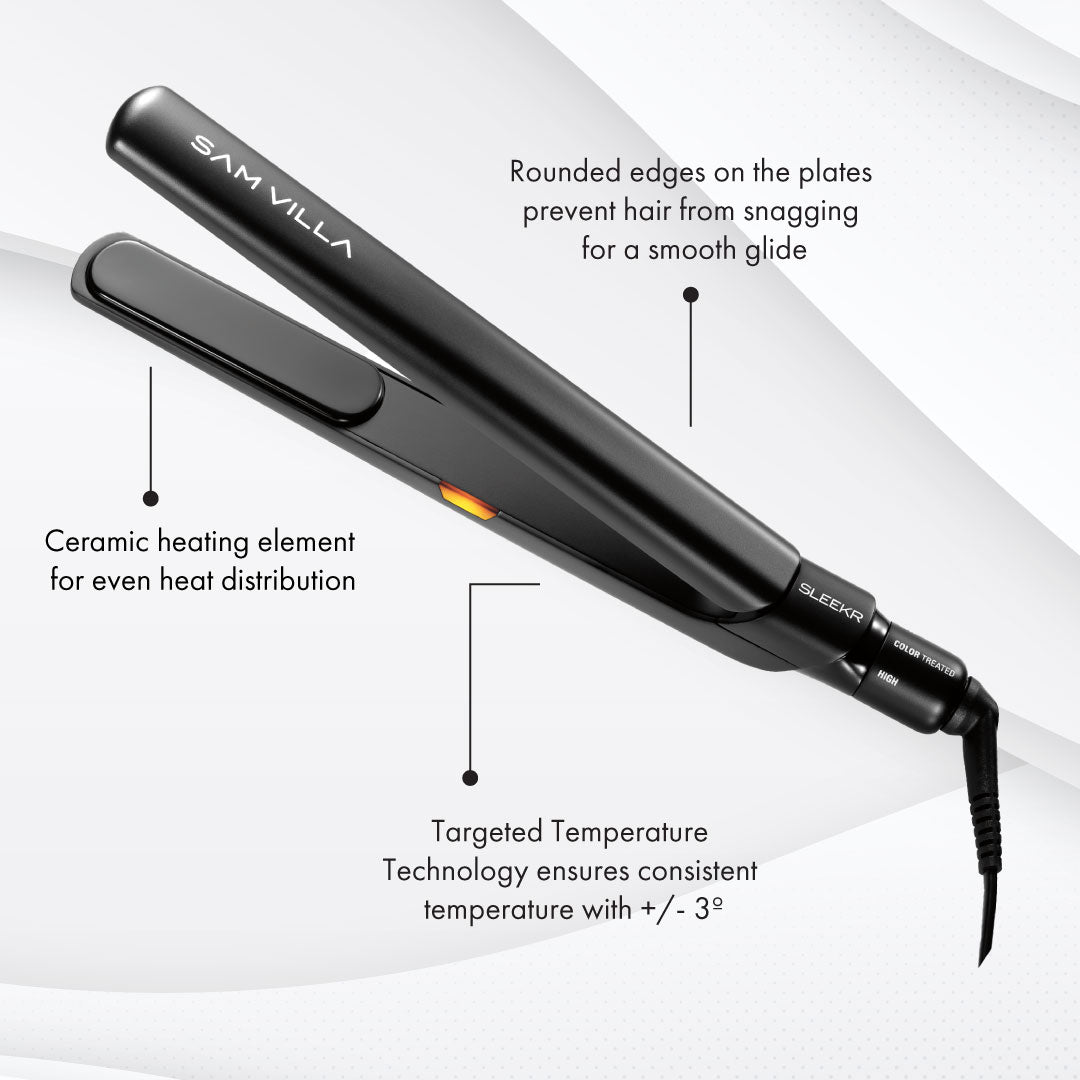 Infographic of SLEEKR® Professional Flat Iron's features and benefits